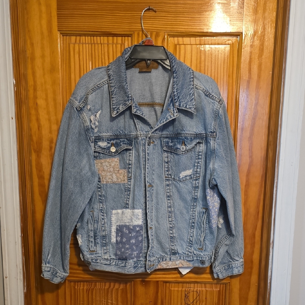 American Eagle Outfitters Blue Jean Jacket with Patchwork